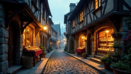 Obraz premium Twilight Enchantment A Cobblestone Lane of Quaint Shops and Warm Lighting in an Old European-Style Village