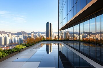 Obraz premium Modern urban skyline with glass buildings and rooftop reflection over cityscape during golden hour in a vibrant metropolis