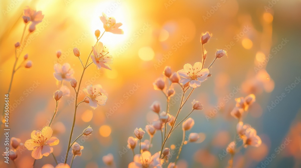 Poster a serene image of delicate flowers bathed in warm sunlight, creating a dreamy atmosphere filled with