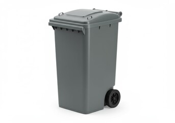 Isolated gray plastic garbage can with lid and wheels on a white background in a studio shot