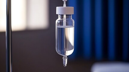 A clear IV drip bag hangs in a medical setting, backlit in a hospital room