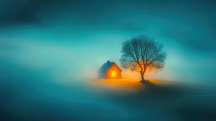 Obraz premium Misty, tranquil night scene with illuminated cottage and lone tree.