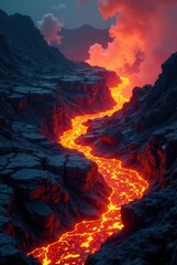 Fiery River of Molten Rock Winding Through a Dark Volcanic Canyon Under a Dramatic Sky
