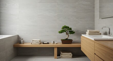 Bathroom Interior with Wooden Bench and Bonsai Tree Calm Spa Style