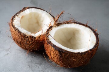 Close up of a halved coconut with white flesh and brown husk on a gray surface in a studio setting