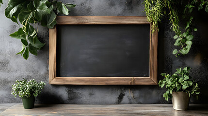 Blackboard Amidst Greenery: A rustic chalkboard framed with weathered wood, nestled among vibrant green plants against a textured grey backdrop, inviting your message.
