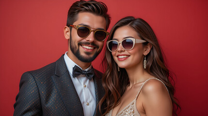 caring debonair couple in trendy sunglasses in stylish attires posing together on red backdrop
