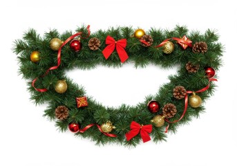 Christmas garland with ornaments and bows on a white background for festive decoration use in december