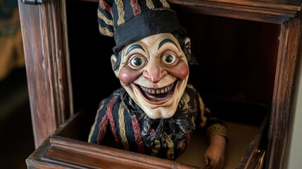 Fototapeta premium Antique wooden puppet in a cabinet drawer.
