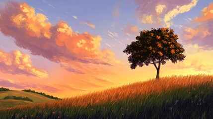 A serene digital painting of a solitary tree on a hill at sunset bathed in warm light