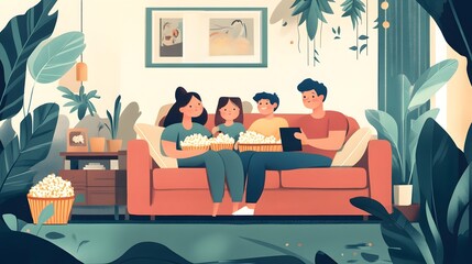 Family movie night, cozy living room, popcorn, plants