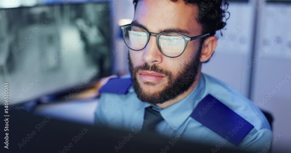 Poster computer, surveillance and thinking with man in control room for for monitoring, safety or security.