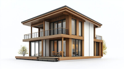 Modern prefabricated house with wooden accents and large windows