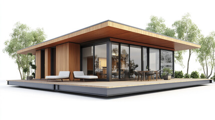 Fototapeta premium Modern prefabricated house with wooden accents and large windows