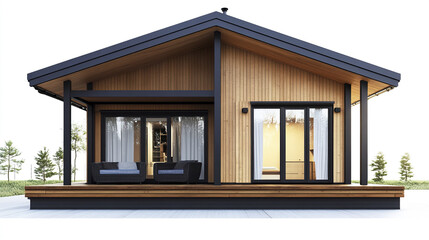 Modern prefabricated house with wooden exterior and large windows