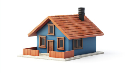 small blue prefabricated house with red roof and chimney