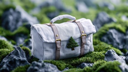 Obraz premium Miniature briefcase mossy background high resolution stock photo