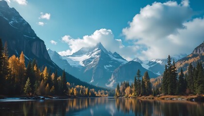 Majestic Mountain Scenery: A breathtaking vista unfolds, showcasing towering snow-capped peaks reflected in a tranquil lake.