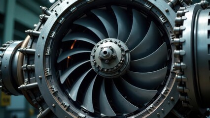 Close-up view of a powerful industrial turbine engine's intricate metal fan blades and housing, showcasing precision engineering and complex machinery
