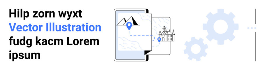 Mobile device with map screens, location pin, mountain, castle, and gears symbolizing navigation, travel, innovation, user interface design. Ideal for travel apps tech UIUX tourism exploration