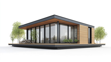 Fototapeta premium Modern prefabricated house with large windows and wooden panels