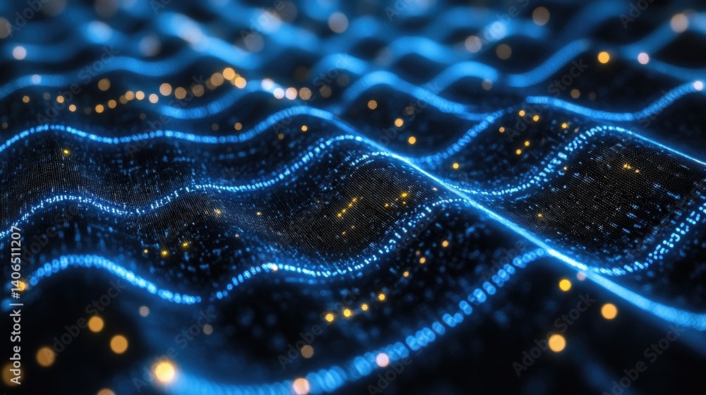 Poster wavy texture of glowing blue and gold dots create a dynamic surface effect, simulating depth and mov