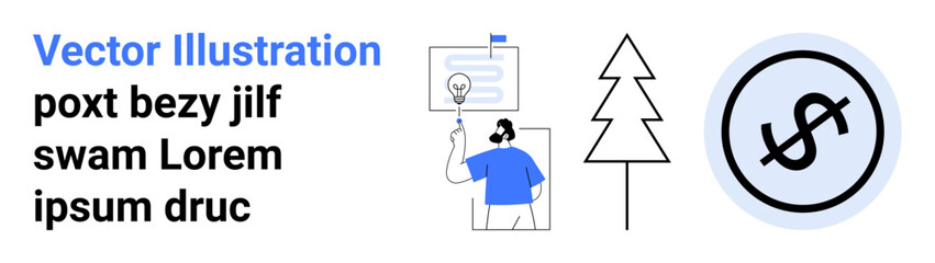Person holding a light bulb, tree outline, and dollar sign in linear style. Ideal for eco-innovation, creativity, finance, presentations, sustainability, education simple landing page
