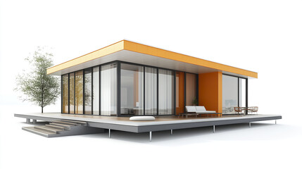 Fototapeta premium Modern prefabricated house with orange accents on white background