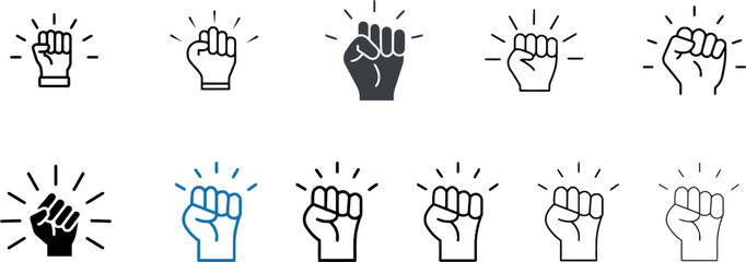 Empowered Fist Icons: Minimalist Line Art with Sparkle Effects