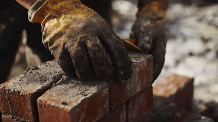 Bricklayer carefully positioning red bricks for a sturdy wall. Featuring hands-on masonry and structural integrity