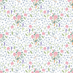 Beautiful pink wild flowers seamless pattern with leaves, create fabric, card. In vector technique. Hand droving wild flowers pattern