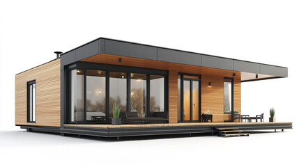 Fototapeta premium Modern prefabricated house with large windows on white background