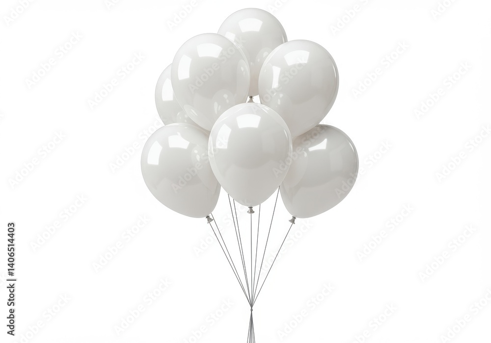 Poster a bunch of white balloons floating against a stark white background in a studio setting view