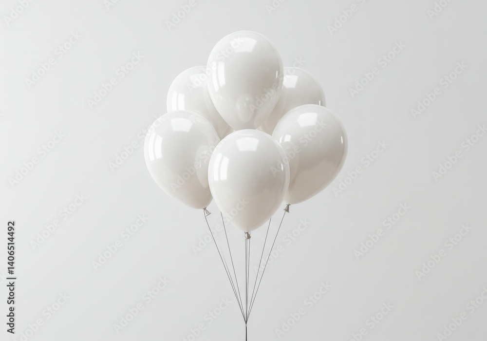 Poster a bunch of shiny white balloons floating against a plain white background in a studio setting