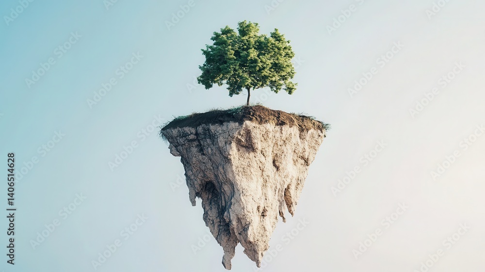 Poster isolated floating island with a small tree.