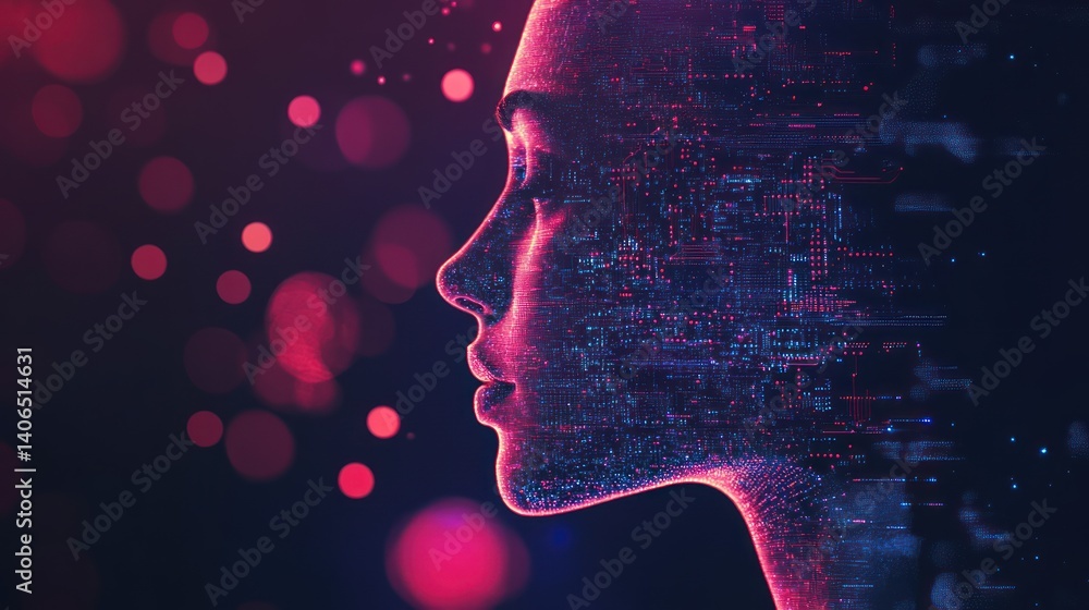 Poster intricate digital representation of a human profile with circuitry texture