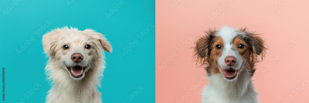 Poster dog grooming transformation with playful expression before and after grooming in a split-screen form