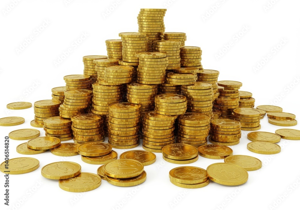 Poster a pile of shiny golden coins stacked high on a white background creating a wealth and treasure image