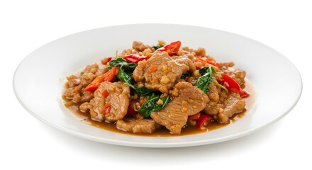 Stir fried pork and holy basil thai food on white background