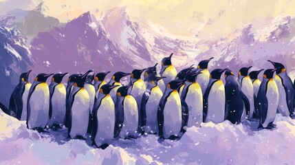 Obraz premium Emperor Penguins Assemblage at the Antarctic Mountain Under a Cloudy Sky