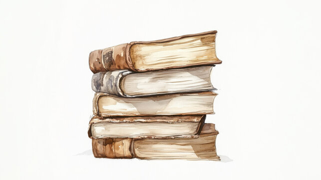 A whimsical watercolor illustration, depicting a stack of old, leather-bound books with their pages turned translucent, against a pristine white background 