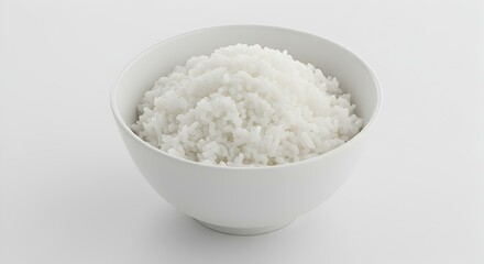 Rice in white bowl on white background Simple food photo