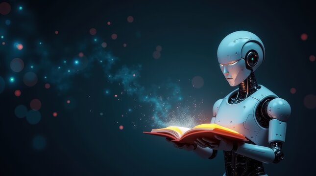 A futuristic robot holding an open book with glowing digital pages, standing against a dark background filled with abstract shapes and light trails