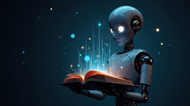 A futuristic robot holding an open book with glowing digital pages, standing against a dark background filled with abstract shapes and light trails