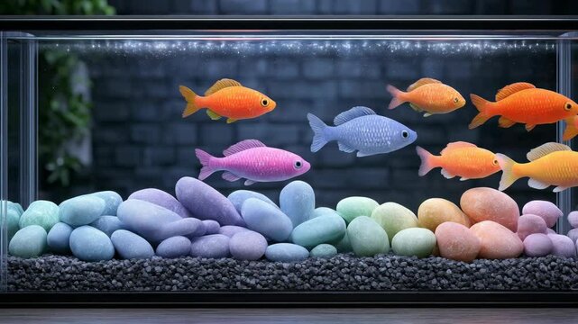 Vibrant colored pet fish swimming in rectangular glass aquarium with rainbow pebbles and dark gravel on wooden base