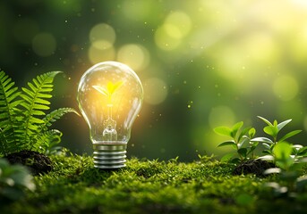 Glowing light bulb with sprouting plant inside surrounded by greenery – eco innovation and energy conservation concept with soft sunlight