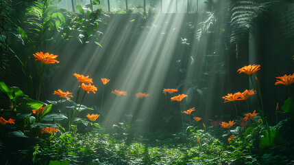Fototapeta premium Orange Flowers in a Lush Garden Bathed in Sunlight