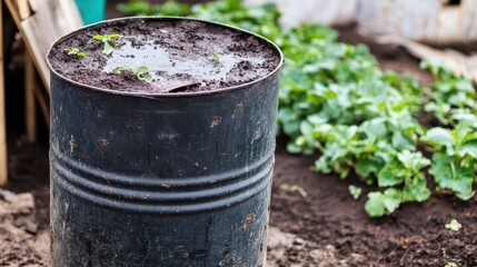 Rusty metal barrel repurposed as a garden planter.