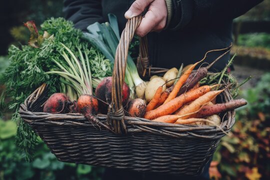 A person holding a basket full of freshly picked vegetables from the garden harvest season bounty