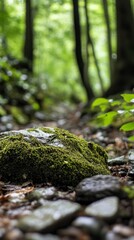 Close up view of moss covered rock on forest floor.  Nature textures and natural beauty.